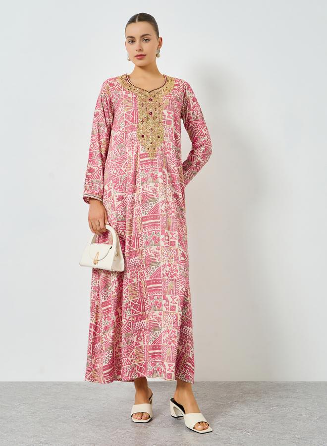 Maxim Creation Pink Printed Embroidered A-Line Jalabiya - Image 1